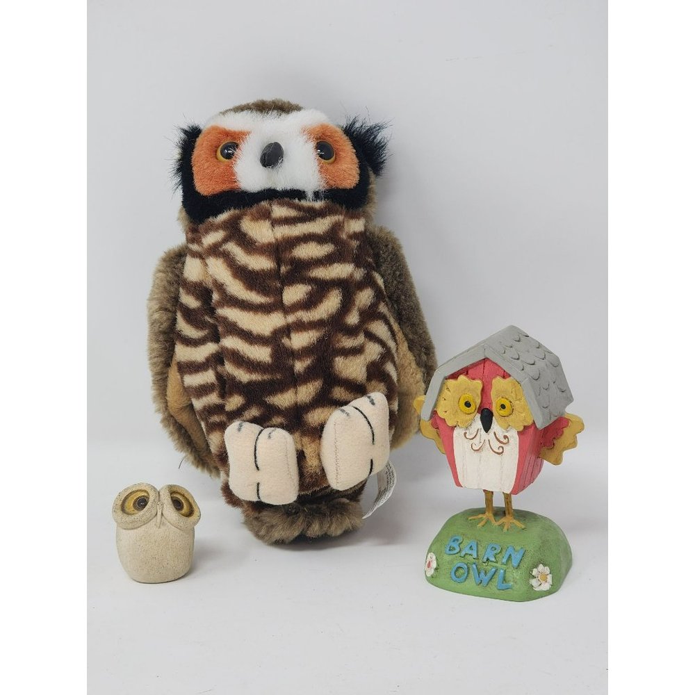 Lot of 3 Owls 1K&M International Plush 1Mini Pottery/Stone 1 Barn‎ Owl